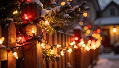 Snowy Christmas Lights on Wooden Fence