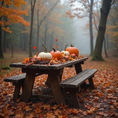 Autumn pumpkins on wooden table in foggy forest