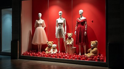 Mannequins and teddy bears in red store window
