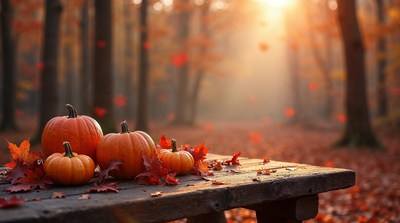 Pumpkins on Table in Autumn Forest