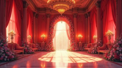 Luxurious Red Ballroom with Flower Arch