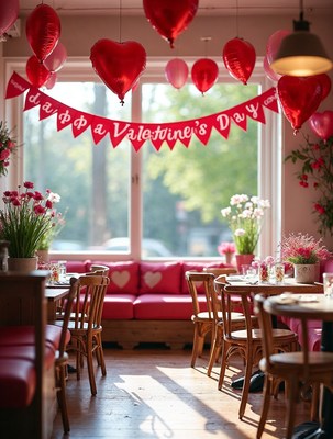 Valentine's Day Cafe Interior with Balloons