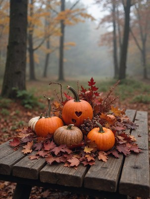 Jack-o-lanterns on autumn forest table