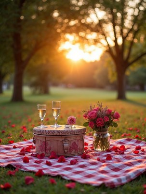 Picnic Basket with Champagne Sunset