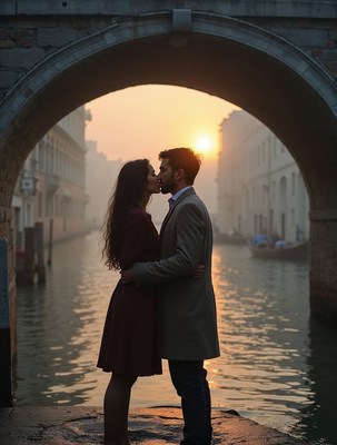 Couple kissing under Venice bridge at sunset