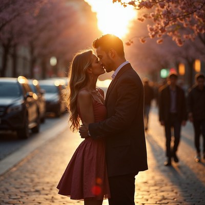 Couple kissing under cherry blossoms