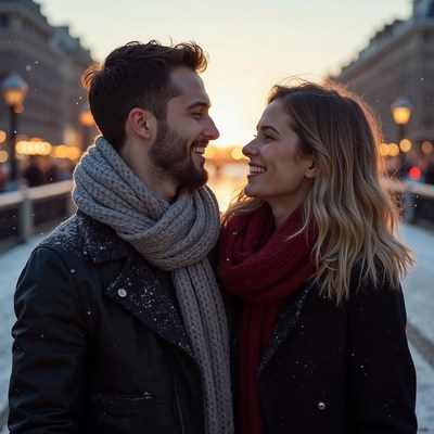 Romantic couple smiling on snowy bridge