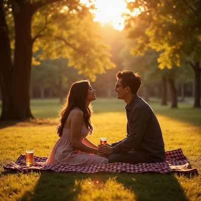 Young couple holding coffee sunset picnic