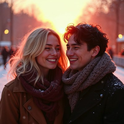 Smiling couple embracing in snowy sunset