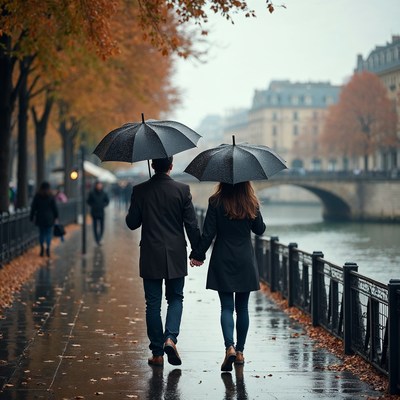Couple walking with umbrellas in rainy Paris