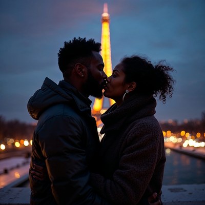 Black couple kissing Eiffel Tower silhouette