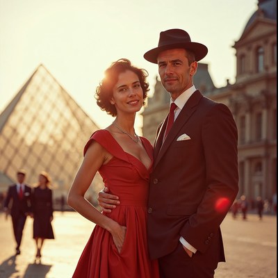 Elegant couple in red dress and suit Louvre sunset