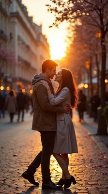 Couple kissing under cherry blossoms