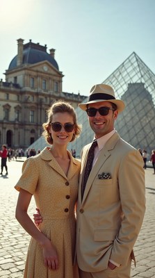 Couple in retro outfits at Louvre Pyramid