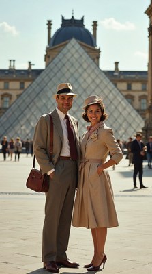 Couple in 1940s attire at Louvre Pyramid