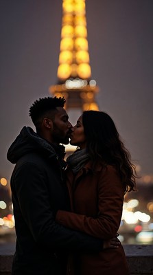 Couple kissing in front of Eiffel Tower