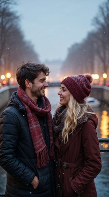 Couple gazing lovingly in snowy canal