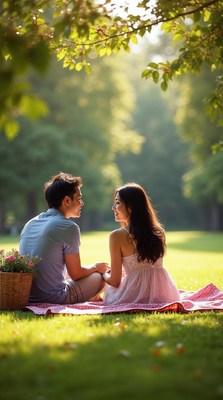 Asian couple picnic under trees