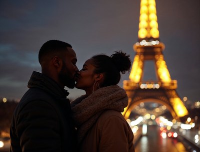 African-American couple kissing Eiffel Tower