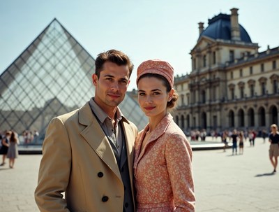 Couple in 1950s attire at Louvre Pyramid