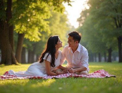 Asian couple picnicking on red blanket