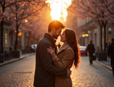 Couple embracing under cherry blossoms
