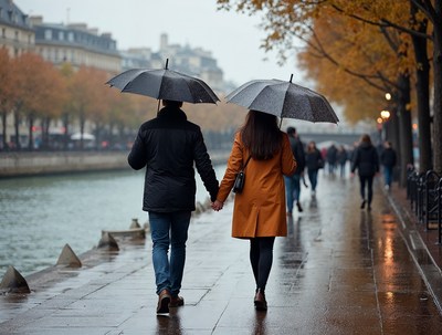 Couple holding hands walking rainy Paris street