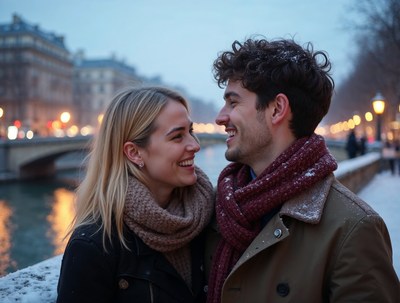 Smiling couple by Seine bridge at night