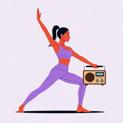 Woman doing yoga pose holding boombox