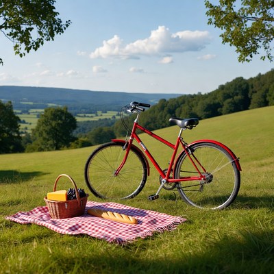 Red Bicycle with Picnic Basket on Grass