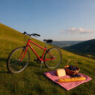 Red bicycle with picnic basket on hillside
