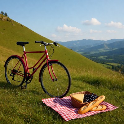Red bicycle with picnic basket on green hill