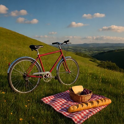 Red Bicycle Picnic Basket on Green Hill