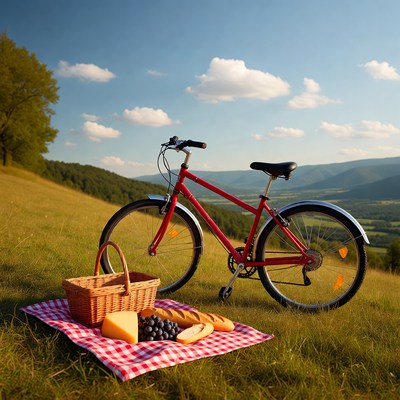 Red Bicycle with Picnic Basket on Grass