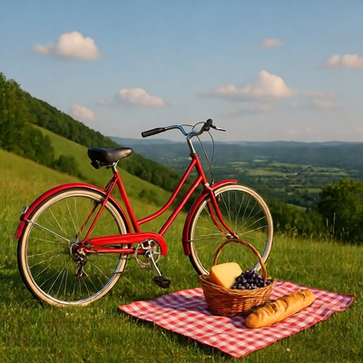 Red Bicycle with Picnic Basket