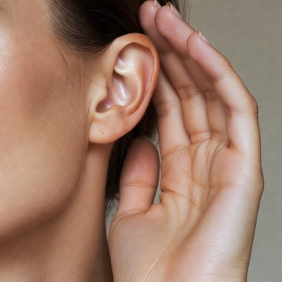 Woman listening with hand on ear