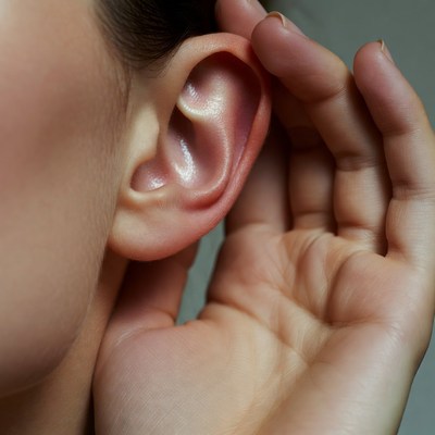 Woman listening with hand to ear