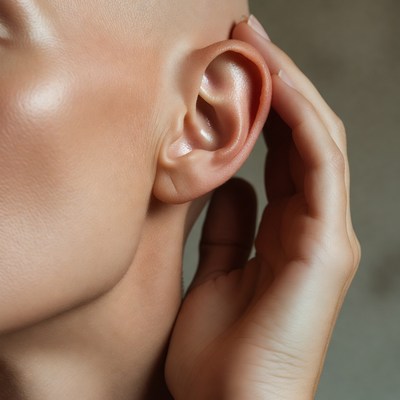Woman touching her ear close-up