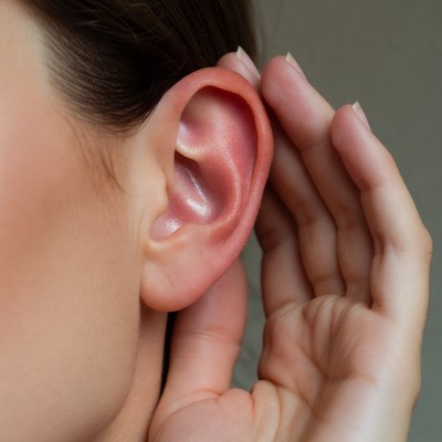 Woman listening with hand on ear
