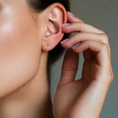 Woman touching her ear close-up