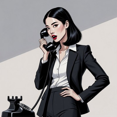 Asian woman talking on black phone