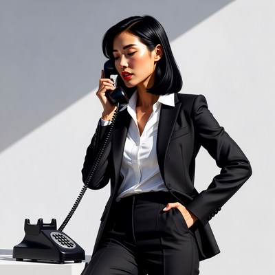 Asian woman talking on black phone