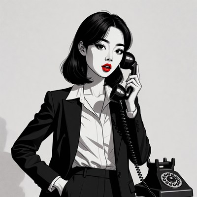 Asian woman talking on retro phone