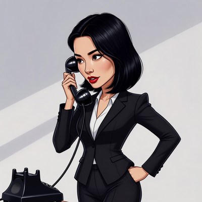 Asian woman talking on black phone