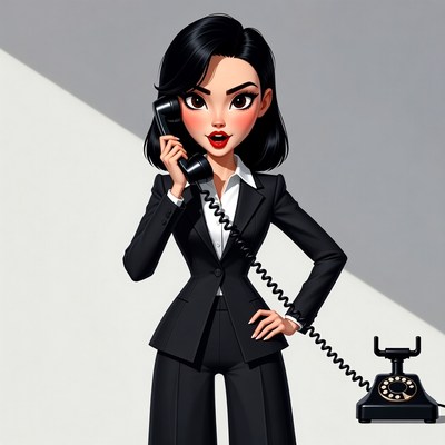 Asian woman talking on retro phone