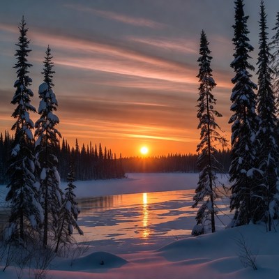 Sunset over snowy river and pine trees