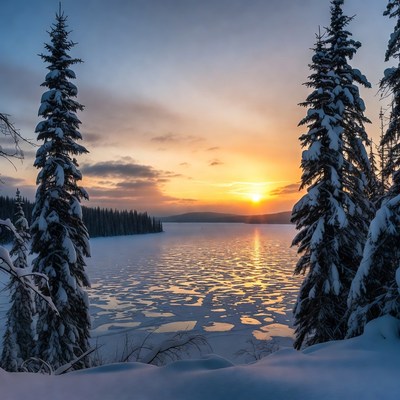 Winter Sunset Over Frozen Lake