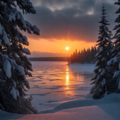Sunset over frozen lake with snowy trees