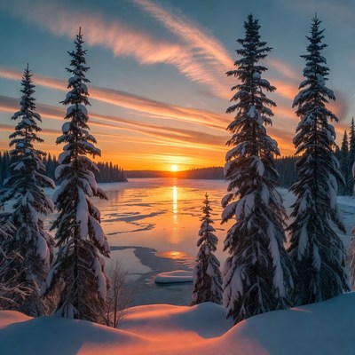 Sunset over frozen lake with snowy pine trees