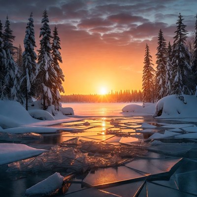 Sunset over snowy lake with pine trees